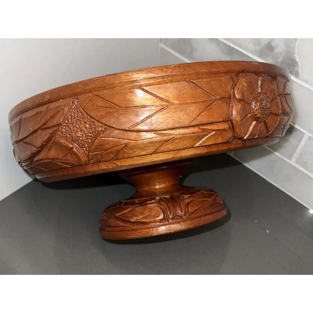 Vintage Carved Wood Tiki Bowl Tribal Ethnic Honduras Large Pedestal Centerpiece